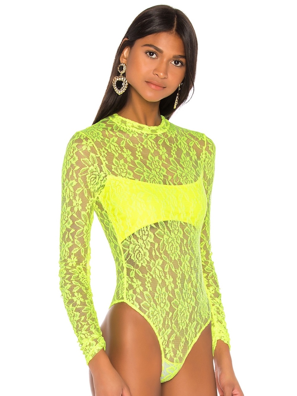 Jonathan Simkhai x Revolve Neon Yellow Lace Long Sleeve Bodysuit size Large - Picture 4 of 11